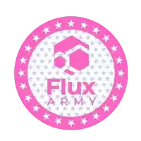 a pink circle with flux army written inside of it