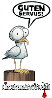 a cartoon of a seagull with a speech bubble that says " guten servius "