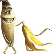 a cartoon banana with arms and legs is holding a peeled banana