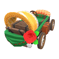 a green and yellow wagon with a red rose on the front