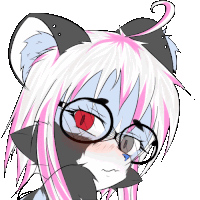 a drawing of a girl with pink and white hair and glasses