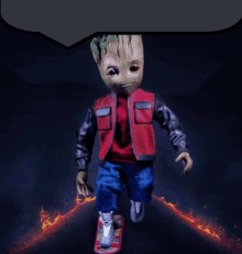 a baby groot is wearing a red jacket and blue jeans