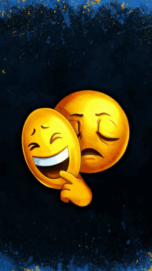 two smiley faces one laughing and one sad are on a blue background