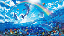 a painting of dolphins in the ocean with a rainbow