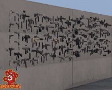 a bunch of guns on a wall with the bn servers logo in the corner