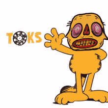 a cartoon character with a big mouth is standing in front of a sign that says " teks "