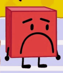 a red cube with a sad face is standing on a blue surface .