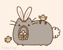 a drawing of a cat with bunny ears holding a basket of eggs