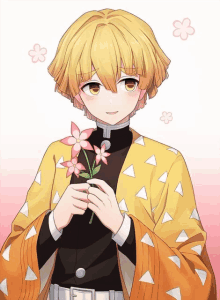 a yellow haired anime character holding a pink flower