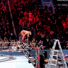 a woman in a pink outfit is jumping over a ladder in front of a crowd with tlc-tables written on the bottom