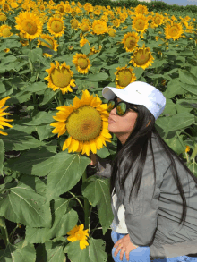 a woman kissing a sunflower in a field