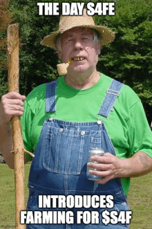 a man in overalls and a straw hat holds a can of beer and a stick