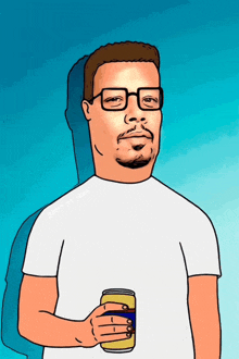 a cartoon of a man with glasses holding a beer can