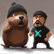 a cartoon drawing of a beaver and a man with an x on their shirt