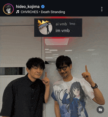 two men standing next to each other in front of a sign that says hideo kojima