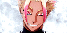 a close up of a person 's face with pink hair and red eyes