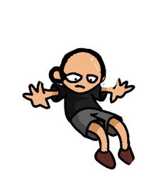 a cartoon character with a bald head is flying through the air with his hands outstretched