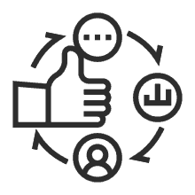 a line drawing of a hand giving a thumbs up surrounded by circles and arrows