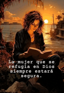 a woman sits on a rock reading a book with a quote in spanish