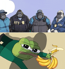 a cartoon of a frog holding bananas next to a group of gorillas