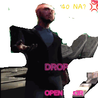 a man in a suit with the words drop open on his pants