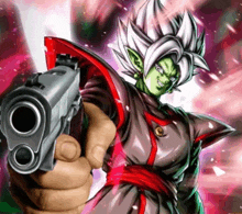 a person is holding a gun in front of a dragon ball z character