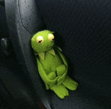 a stuffed kermit the frog is sitting on a car seat