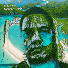 an advertisement for a cosplay app shows an aerial view of a tropical island