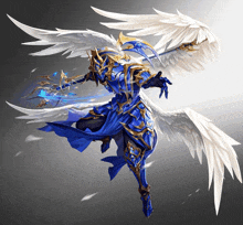 a blue and white angel with white wings and a sword