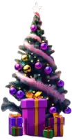 a christmas tree with purple and gold ornaments and gifts underneath