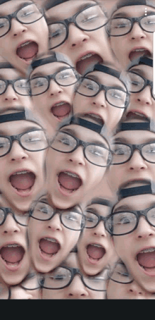 a bunch of faces with glasses and braces on