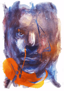 a painting of a person 's face with a yellow stripe