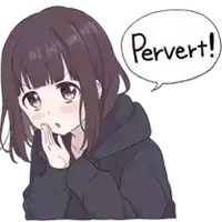 a girl in a black hoodie has a speech bubble that says pervert