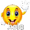 a cartoon smiley face with the words hola written on it .