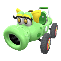 a green cartoon vehicle with a yellow bow on the head