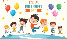 a happy children 's day greeting card with balloons and stars