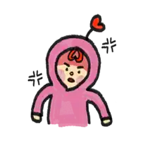 a cartoon drawing of a person wearing a pink hoodie with a heart on their head .