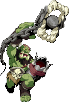 a cartoon drawing of an orc holding chains