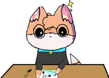 a drawing of a cat wearing glasses sitting at a desk