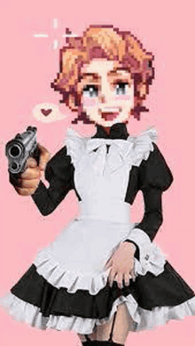 a pixel art drawing of a maid holding a gun .