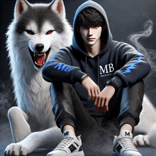 a man wearing a mb hoodie sits next to a husky