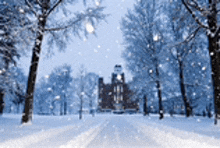 a snowy park with a castle in the background and trees covered in snow .