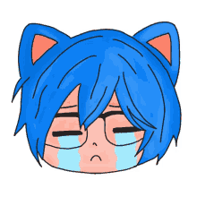 a drawing of a boy with blue hair and cat ears is crying