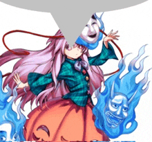 a girl with a mask on her head is surrounded by flames and a ghost