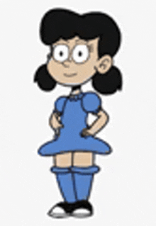 a cartoon girl is standing with her hands on her hips wearing a blue dress and socks .