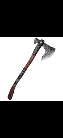 a large axe with a wooden handle on a white background .