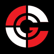 a red , white , and black target with a g in the middle on a black background .