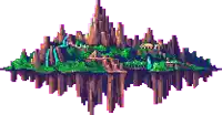 a pixel art illustration of a floating island with buildings and trees