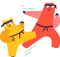 a yellow bear and a red bear are practicing karate together