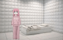 a girl with pink hair is standing in a room with white walls and a bed